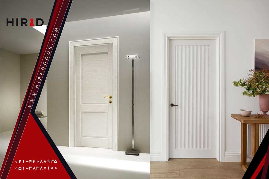 دو درب سفید در دو فضای داخلی متفاوت یکی ساده در فضای سبک مینیمال و یکی قاب&zwnj;دار در فضای نئو کلاسیک